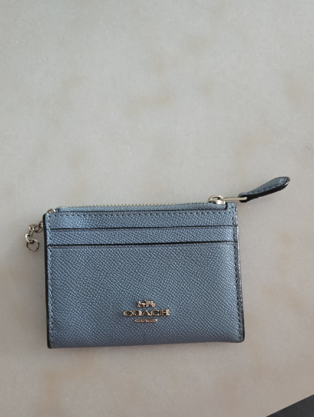 Coach Light Blue Leather Zip Card Holder with Silver Logo